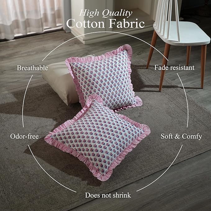 CPC Pink Sapphire Ruffle Throw Pillow Covers for Couch, 24x24 Inch Cotton Stripe Ruffle Couch Pillows for Living Room, Hidden 20 Inch Zipper Boho Pillow Case or Cute Outdoor Pillows