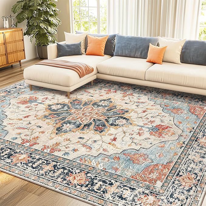 RELEANY Area Rugs 7'x10' Washable Non-Slip, Floral Vintage Distress Print Pattern Medallion Carpet for Living Room Bedroom Dining Room, Beige Navy Blue Orange Colorful