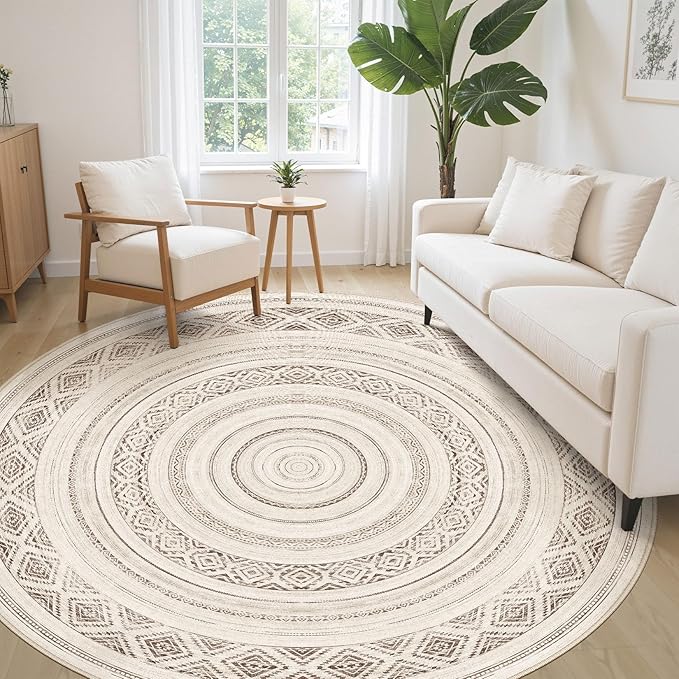 cotiled 8x8 Round Area Rug Living Room: Washable Boho Rugs with Non Slip Backing Large Soft Indoor Stain Resistant Carpet for Bedroom Farmhouse Dining Room Lightweight Home Decor Dark Brown