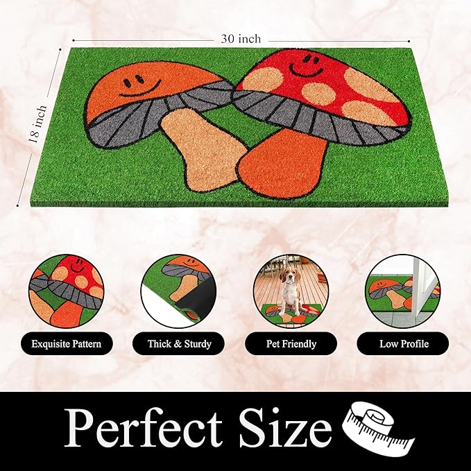 A1HC Natural Coco Coir Door Mat Dancing Mushroom Doormat with Heavy Duty Non-Slip PVC Backing - 18" x 30" - Easy to Clean, Welcome Mat for Home, Low-Profile Durable Doormat