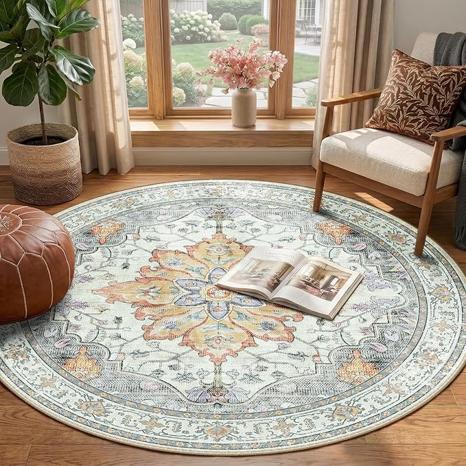 RELEANY Area Rugs 4ft Washable Non-Slip, Floral Vintage Distress Print Pattern Medallion Carpet for Living Room Bedroom Dining Room, Light Yellow Carbon Grey Orange