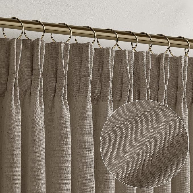 Pinch Pleated Linen Curtains 105 Inches Long for Living Room Bedroom Thick Linen Dark Flax Textured Memory Trained Light Filtering Semi Sheer Back Tab Pinch Pleat Drape Hooks Rings Taupe Grey