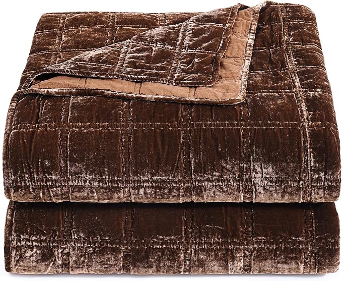 HiEnd Accent Stella Faux Silk Velvet Double Box Stitch 3 Piece Quilt Set, King Size, Copper Brown Solid Color, Classic Chic Modern Rustic Elegant Bedding Set, Lightweight Bed Set
