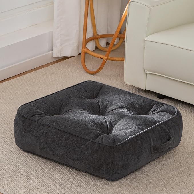 HIGOGOGO 6" Extra Thick Floor Pillow Cushion for Adults, Meditation Cushion Pillow with Handle, Lustrous Chenille Tufted, Square Floor Sitting for Tatami Living Room or Yoga, 22x22 Inch, Dark Grey