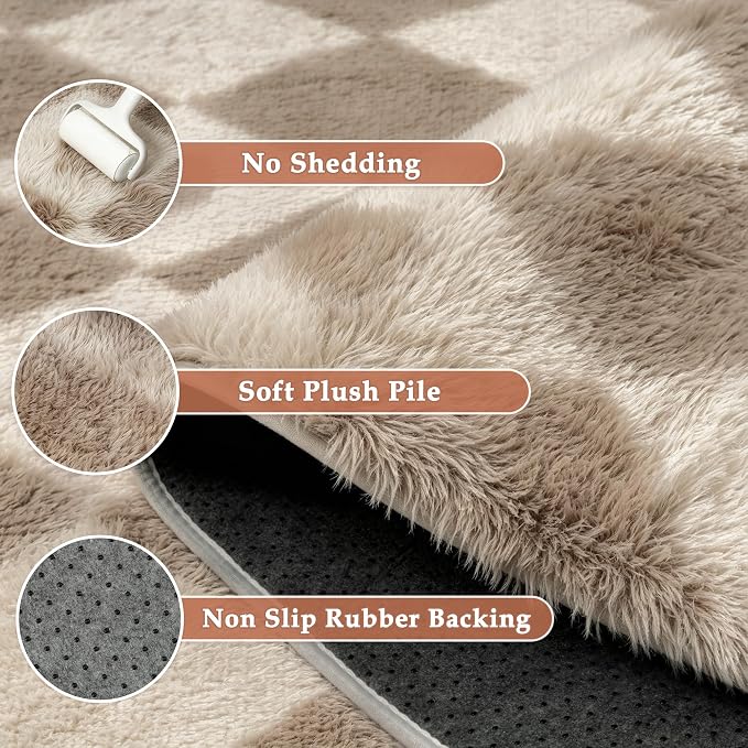 PureCozy Brown 5x8 Area Rug for Living Room Washable Non Slip Neutral Soft Bedroom Checkered Carpet Colorful Fluffy Modern Shag Fuzzy Indoor Large Aesthetic Bedroom Home Office Playroom Nursery