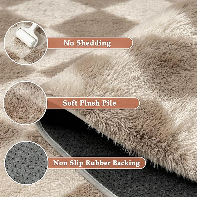 PureCozy Brown 4x6 Area Rug for Living Room Washable Non Slip Neutral Soft Bedroom Checkered Carpet Colorful Fluffy Modern Shag Fuzzy Indoor Large Aesthetic Bedroom Home Office Playroom Nursery