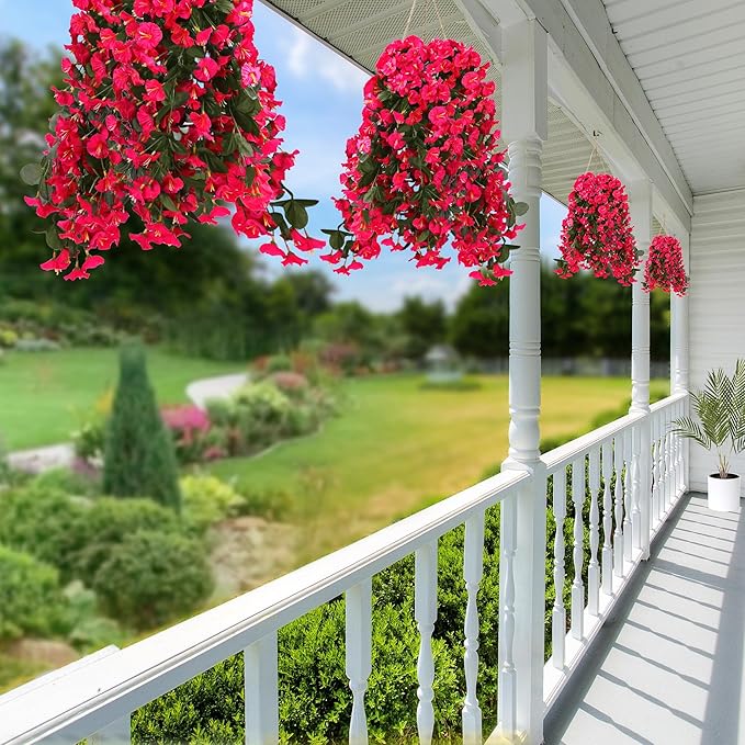 Sggvecsy Artificial Fake Hanging Flowers Plants for Outdoor Outside Spring Summer Decoration 4PCS Faux Silk UV Resistant Realistic Morning Glory Trailing Vines for Home Porch Patio Balcony(Rose red)