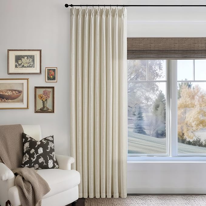 Pinch Pleated Linen 90 Inch Curtains 60 Inch Width for Living Room Divider Light Filtering Thick Linen Extra Wide Patio Curtains for Sliding Door Balcony Floor to Ceiling Window 1 Panel