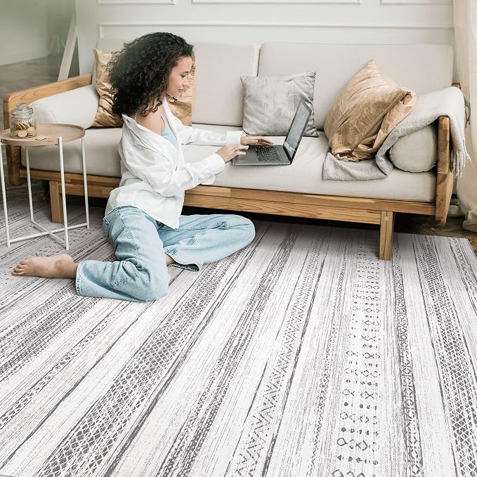 Tortania Area Rug Living Room Rugs - 8x10 Washable Large Soft Neutral Boho Moroccan Bohemian Farmhouse Rug Indoor Floor Carpet for Bedroom Under Dining Table Home Office Decor - Light Grey