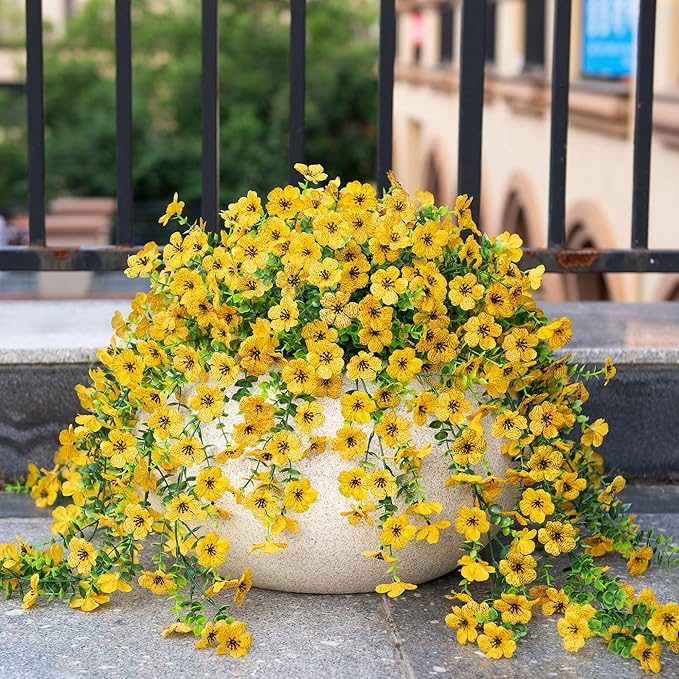 Ammyoo Artificial Hanging Flowers for Outdoors Faux Plants Decoration, 2 Packs Fake Silk Daisy Flower Realistic Outdoor Flowers UV Resistant Porch Patio Window Yard Outside Decor(Yellow)