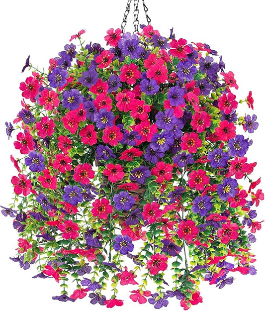 HyeFlora Artificial Hanging Flowers Basket for Outdoor, Fake Flowers Faux Plants Look Real for Yard Gardens Porch Patio Home (Darkpurple+Hotpink)