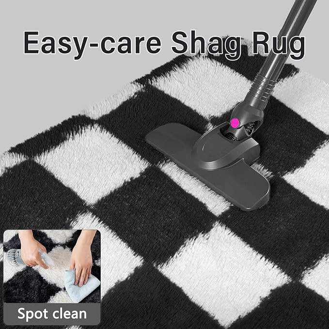 PureCozy Checkered Round Rugs 6ft for Living Room, Black and White Modern Shag Rugs Super Soft Washable Fluffy Indoor Office Carpet for Bedroom Home Dorm Aesthetic Decor