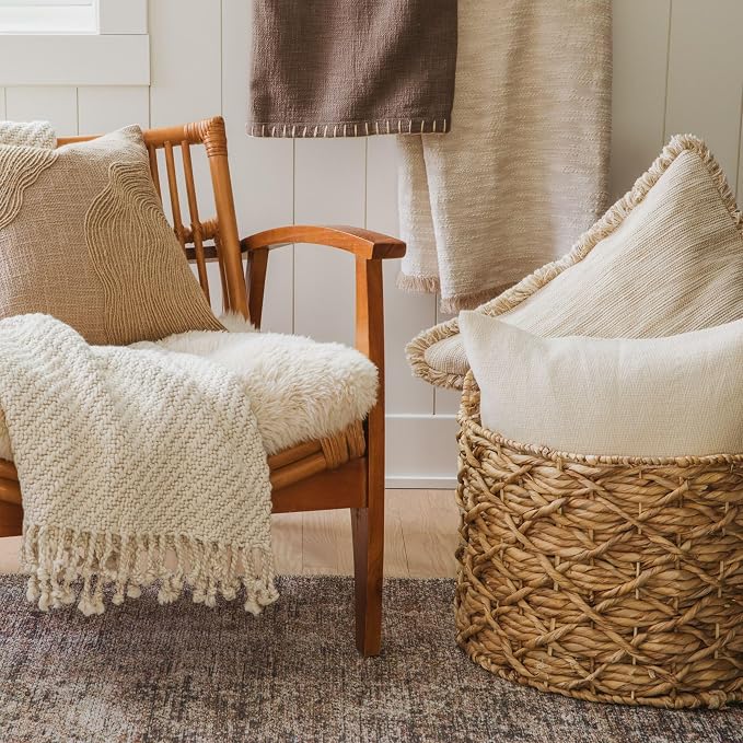 Calm Cloud Knit Throw Blanket 55x60, Soft Grey 100% Cotton Decorative Sofa and Bed Blanket, Lightweight All-Season Throw, Handwoven in India, Oeko-TEX Certified, Sofa Accent
