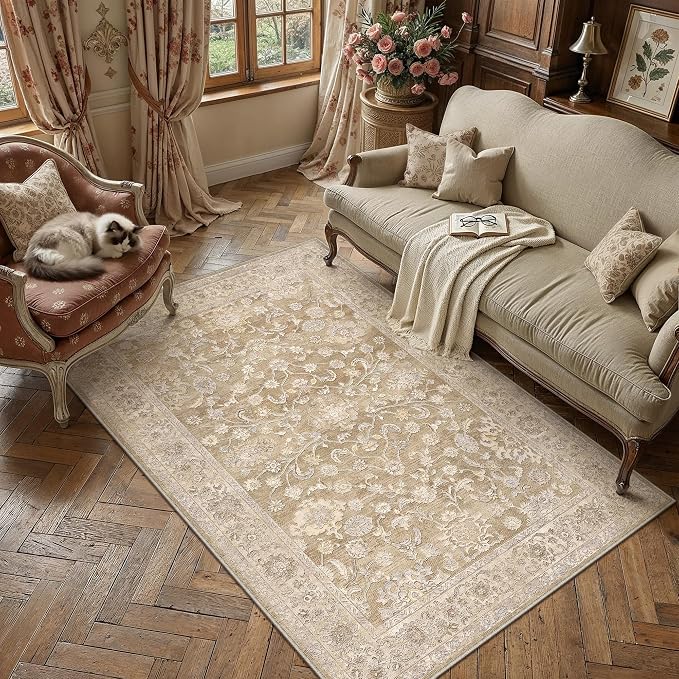 4x6 Taupe Washable Area Rug for Living Room Bedroom Neutral Soft Floral Non Slip Thin Throw Rug Lightweight Vintage Low Pile Distressed Doormat Entrance Laundry Room Office Bathroom Nursery