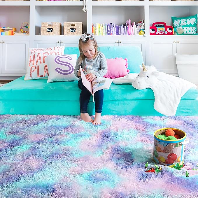PAGISOFE Plush Rainbow Mermaid Rugs for Bedroom Girls, 6x9 Soft Purple Shag Area Rugs for Livingroom, Girls Room, Nursery, Classroom, Home Decor, Fluffy Fuzzy Carpet Mermaid Kawaii Pink Rugs