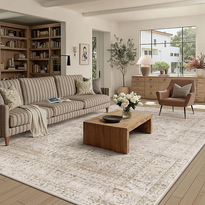 10x12 Washable Area Rug Beige Vintage Non Slip Soft Low Pile Rug for Living Room Bedroom Dining Room Office Distressed Oriental Indoor Large Throw Carpet for Home Decor