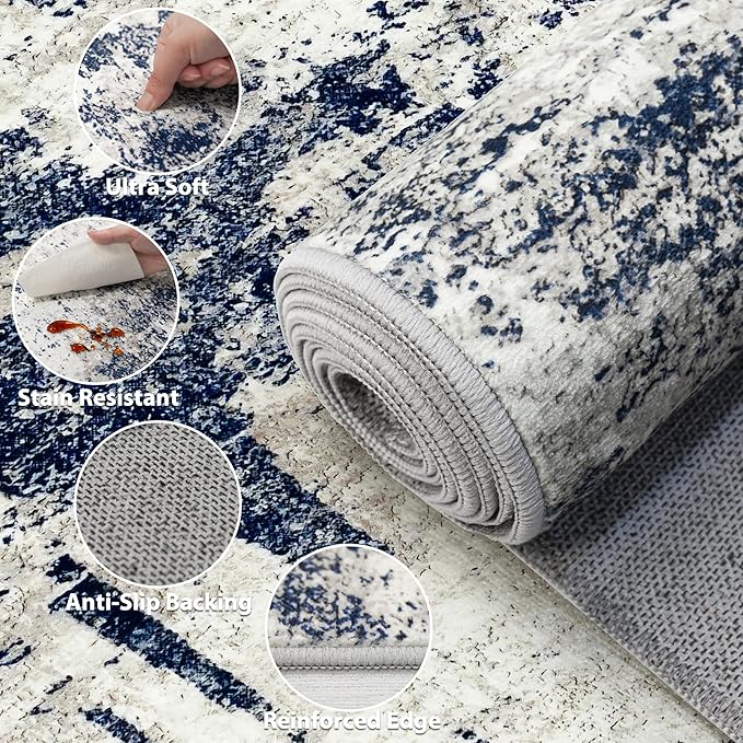 9x12 Area Rugs Living Room Rugs: Large Washable Rug with Anti-Slip Backing Non-Shedding Stain-Resistant Soft Abstract Carpet for Bedroom Dining Room Nursery Home Office - Gray/Blue
