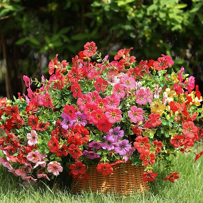 Powbrace Artificial Flowers Outdoor Fake Plants, Faux Silk Flowers Plastic Plants for Outdoors Indoor Outside Front Porch Hanging Planter Window Box Garden Home Spring Decoration, 14 Pack (Mix)