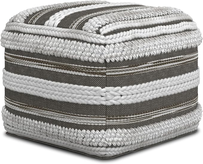 SIMPLIHOME Sommer Boho Square Pouf in Natural/Taupe Grey Handloom Woven Pattern for the Living Room, Bedroom and Kids Room