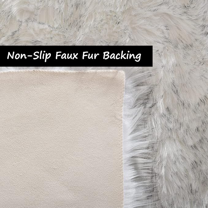Goolela Round Sheepskin Area Rug 6ft Fluffy Circle Faux Fur Rug for Bedroom Living Room Furry Fuzzy Plush Washable - White with Grey Tips