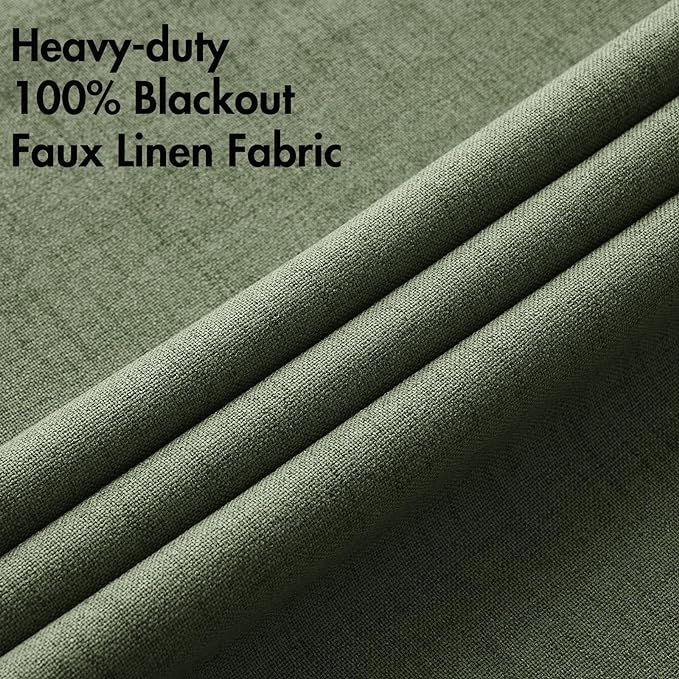 MIULEE 100% Blackout Linen Textured Curtains for Bedroom Solid Thermal Insulated Olive Green Grommet Room Darkening Curtains & Drapes Luxury Decor for Living Room Nursery 52 x 90 Inch (2 Panels)