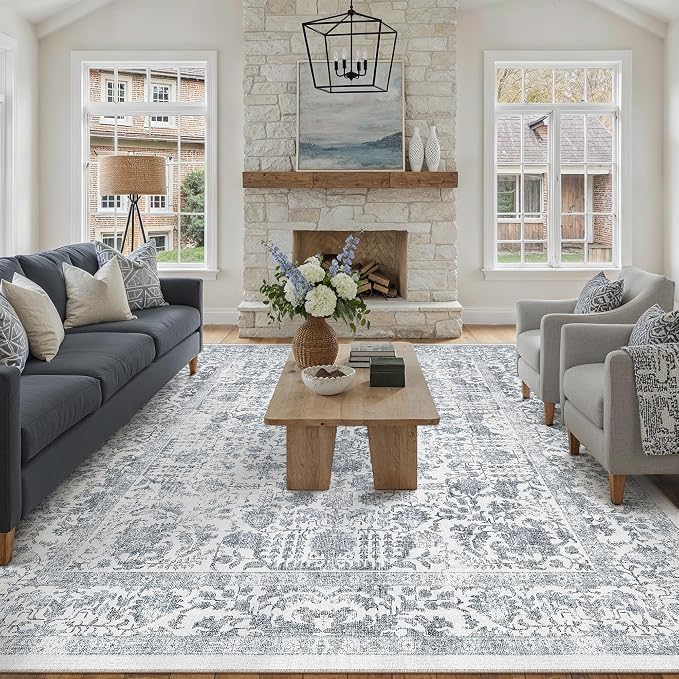 PureCozy Navy Blue Area Rug 10x14 Machine Washable Large Vintage Living Room Distressed Non Slip Carpet Traditional Indoor Bedroom Retro Floral Accent Throw Rug for Office Kitchen Dining Room