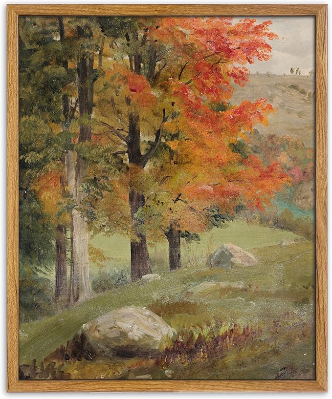 UPWOIGH 12x16 Framed Autumn Tree Landscape Wall Art | Oil Painting Canvas Print, Vintage Fall Forest Scene, Retro Moody Décor, Living Room Accent