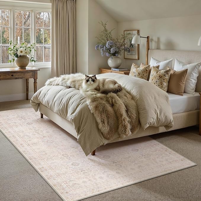 5x7 Washable Neutral Area Rug for Living Room Beige Floral Non Slip Low Pile Throw Rug Modern Traditional Stain Resistant Carpet Bedroom Kitchen Playroom Office Dining Room