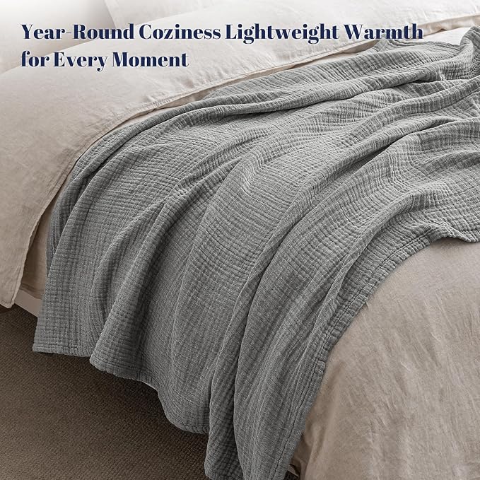 PHF 100% Cotton Muslin Blanket King Size 108"x90", 4-Layer Lightweight Gauze Throw, Breathable Cloud-Soft Minimalist Blanket for Bed, Couch, Camping & Baby, Grey, Ideal Gift