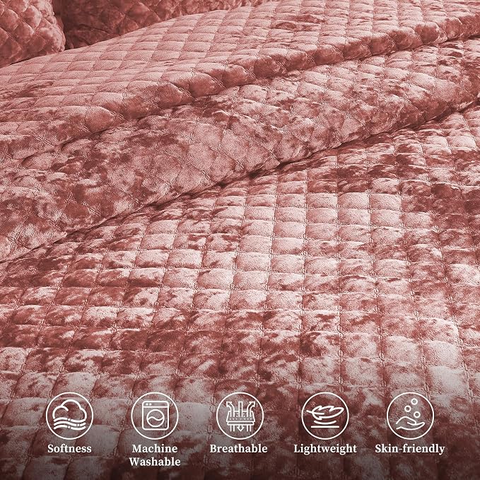 Luxury Soft Velvet Quilt Set King Size - Lightweight Velvet Bedding Set for All Season, Oversized Bedspread Coverlet Comforter Set with 2 Pillow Shams, Pink, Diamond