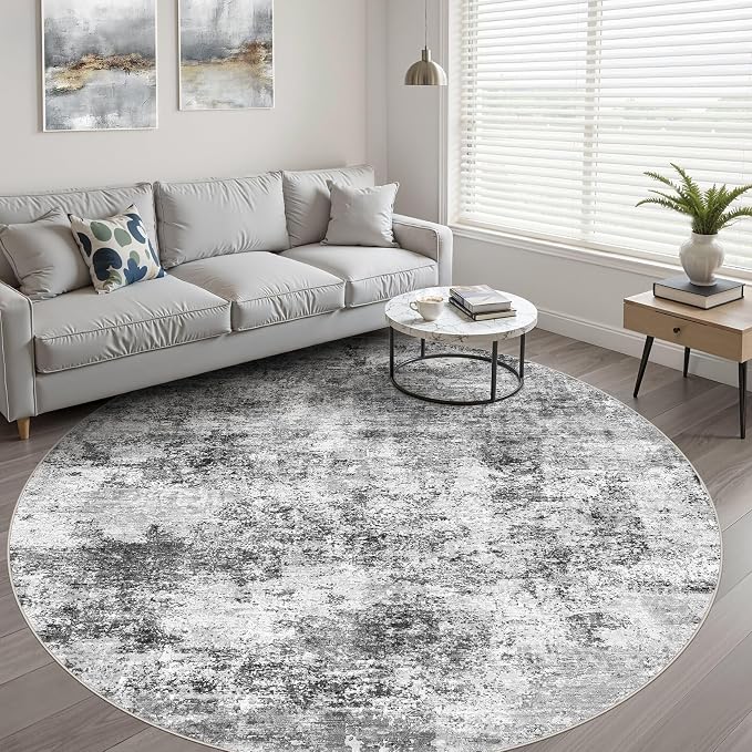 7ft Round Rug Living Room: 7x7 Washable Large Neutral Circle Area Rug Abstract Soft Modern Stain Resistant Indoor Floor Non-Slip Carpet for Bedroom Nursery Kids Office Playroom Dining Room- Black Gray