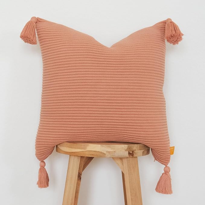 20x20 Ribbed Knit Throw Pillow Cover with Tassel Corners – Soft Pink Clay Valentine’s Day Gift – Evocative Earthy Decor for an Elevated Space