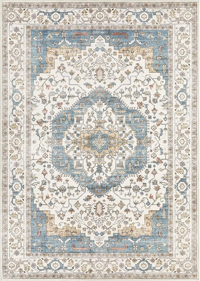 Area Rug for Living Room - 10x14 Soft Washable Oriental Vintage Floral Distressed Large Carpet - Fade Stain Resistant Non Slip Rugs for Bedroom Dining Room Nursery Dorm Office Home Decor - Blue/Beige