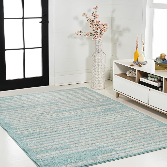 JONATHAN Y Khalil Modern Berber Stripe Turquoise/Cream Indoor Area Rug, 4x6, Contemporary, Bohemian, Easy-Cleaning for Living Room, Bedroom, Kitchen, Pet Friendly, Non-Shedding (MOH207D-4)