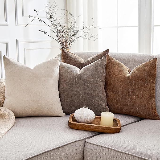 Pack of 4 Throw Pillow Covers 22x22 Inch Chenille Textured Neutral Brown Soft Pillow Covers Solid Decorative Farmhouse Cushion Covers Home Boho Western Decor for Couch Sofa Bed Living Room