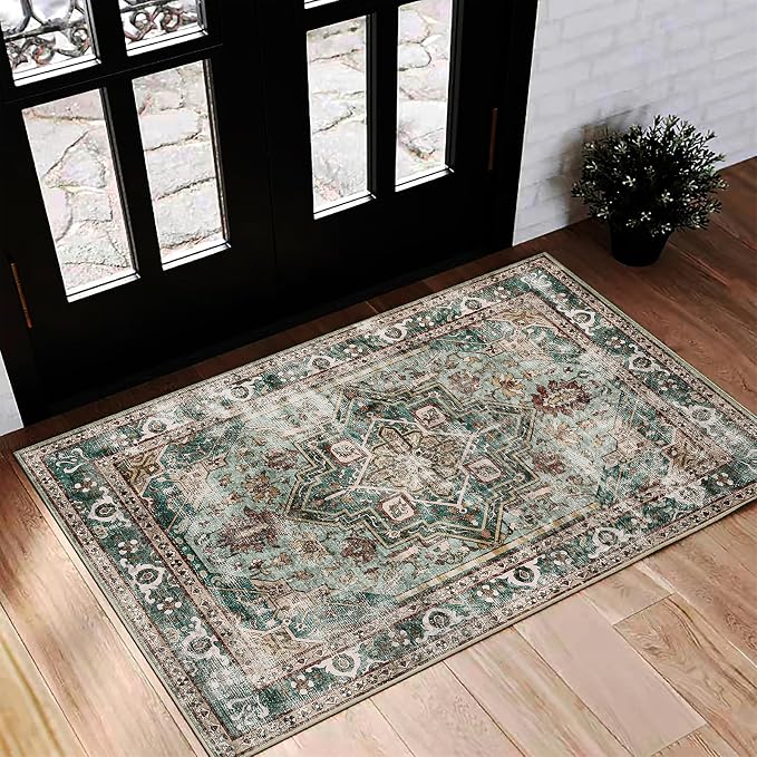 CHAMPLANT 2'x3' Area Rug Washable Door Mat Vintage Doormat Indoor Entrance Traditional Thin Floral Print Non Slip Carpet for Kitchen Bathroom Bedroom Living Room