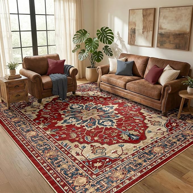 RELEANY Area Rugs 5'x7' Washable Non-Slip, Floral Vintage Distress Print Pattern Medallion Carpet for Living Room Bedroom Dining Room, Red Blue