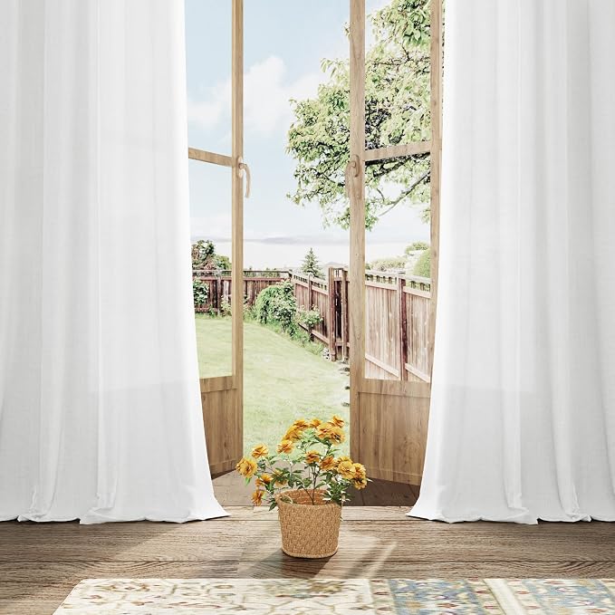 White Sheer Linen Curtain 108 Inches Long 2 Panels for Ceiling Living Room Drapes Grommet Aesthetic Boho Modern Farmhouse Cotton Curtains 108 Inch Length for Large Window Bedroom Sliding Door 9FT