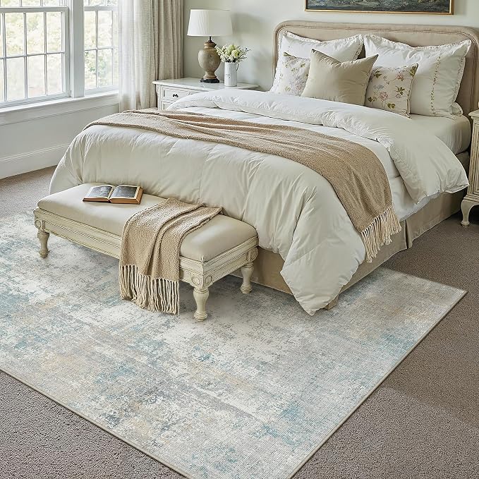 12x15 Area Rug Blue Cream Abstract Non Slip Soft Low Pile Washable Rug for Living Room Bedroom Dining Room Office Neutral Modern Indoor Extra Large Throw Carpet for Home Decor