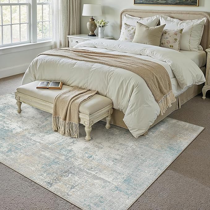 9x12 Washable Area Rug Blue Cream Abstract Non Slip Soft Low Pile Rug for Living Room Bedroom Dining Room Office Neutral Modern Indoor Large Throw Carpet for Home Decor