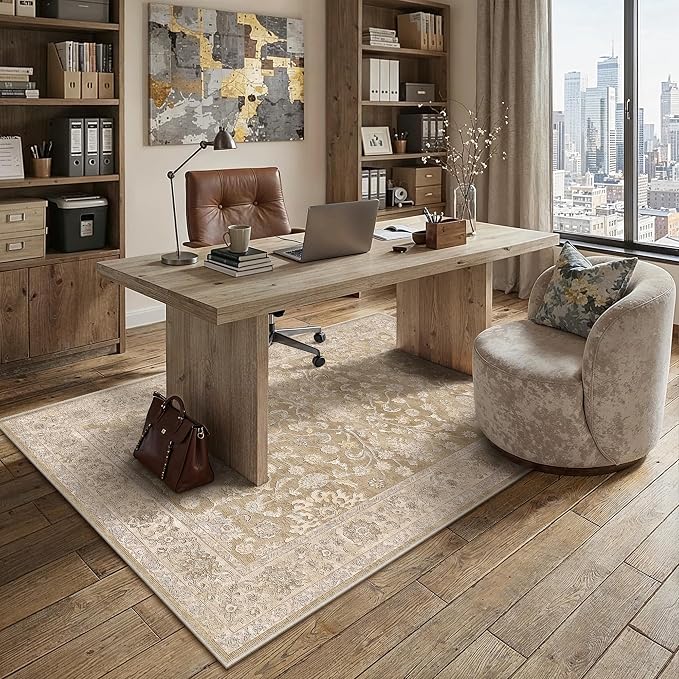 3x5 Taupe Washable Area Rug for Living Room Bedroom Neutral Soft Floral Non Slip Thin Throw Rug Lightweight Vintage Low Pile Distressed Doormat Entrance Laundry Room Office Bathroom Nursery