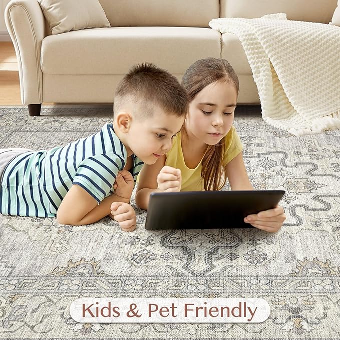 Tortania Area Rug Living Room Rugs - 10x12 Washable Boho Rug Vintage Oriental Distressed Farmhouse Large Thin Indoor Carpet for Living Room Bedroom Under Dining Table Home Office - Beige Linen