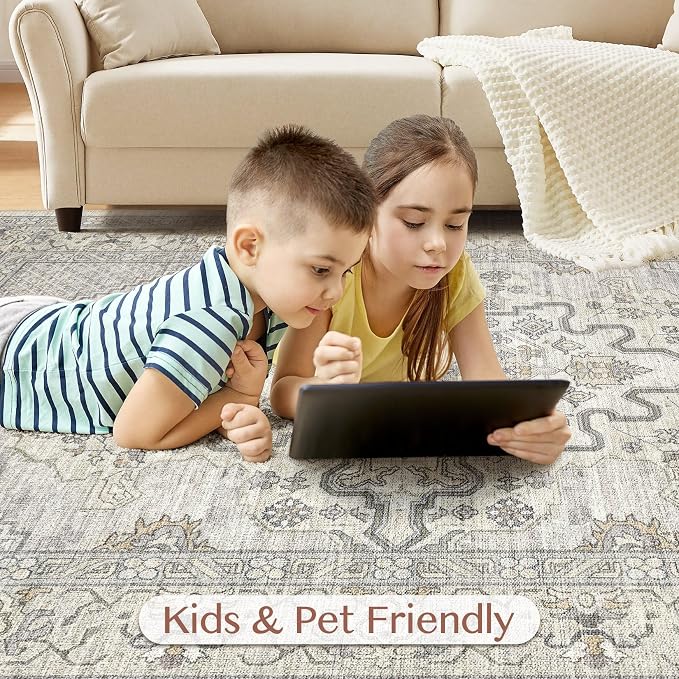 Tortania Area Rug Living Room Rugs - 9x12 Washable Boho Rug Vintage Oriental Distressed Farmhouse Large Thin Indoor Carpet for Living Room Bedroom Under Dining Table Home Office - Beige Linen