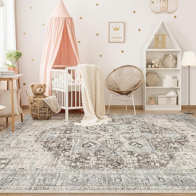 Tortania Area Rug Living Room Rugs - 10x14 Washable Boho Rug Vintage Oriental Distressed Farmhouse Large Thin Indoor Carpet for Living Room Bedroom Under Dining Table Home Office - Brown Blue