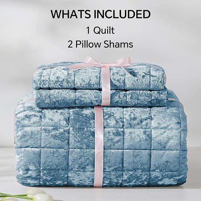 BEDELITE Velvet Quilt Set Queen Size - Luxury Soft Velvet Comforter Bedding Set for All Season, Lightweight Quilted Box Stitch Oversized Bedspread Coverlet with 2 Matching Shams, Shiny Dusty Blue