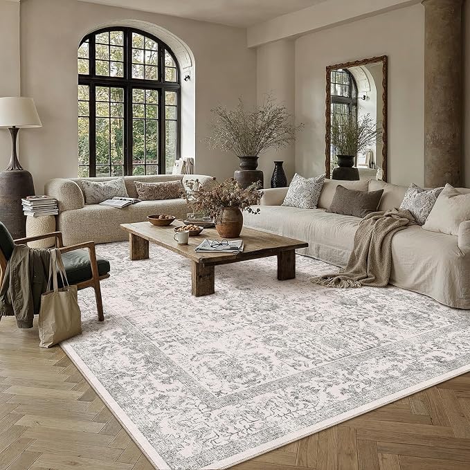 PureCozy Gray Area Rug 8x10 Machine Washable Large Vintage Living Room Distressed Non Slip Carpet Traditional Indoor Bedroom Grey Retro Floral Accent Throw Rug for Office Kitchen Dining Room