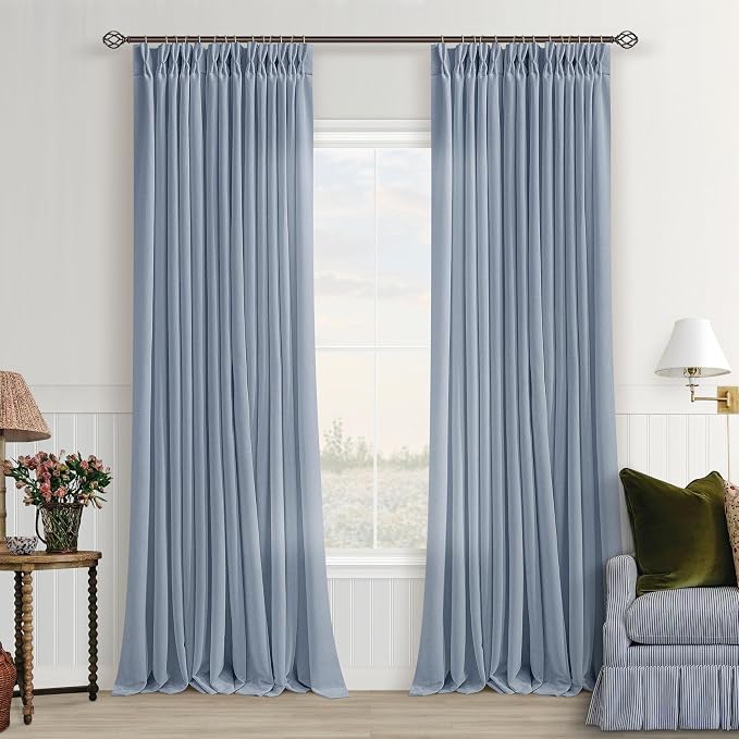 Pinch Pleated Dusty Blue Linen Curtains 108 Inches Long for Living Dining Room with Hooks Rings Back Tab Pinch Pleat Drapes Extra Long Light Filtering 108 Inch Curtains for Bedroom 9FT 2 Panels
