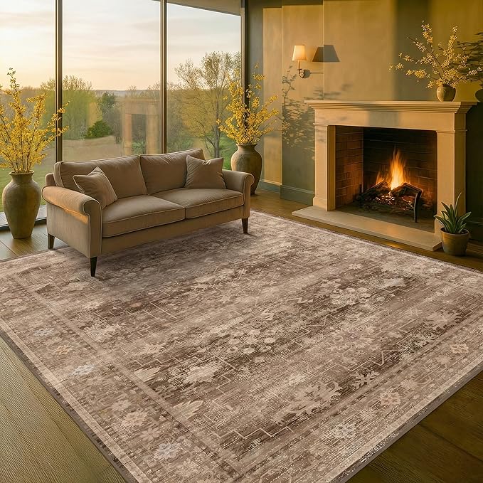 Hazo Haus Brown Rug for Living Room 10x12 - Large Vintage Western Eclectic Unique Neutral Taupe, Washable Low Pile Non-Slip Area Rug for Dining Under Table, Bedroom Under Bed, Home Office
