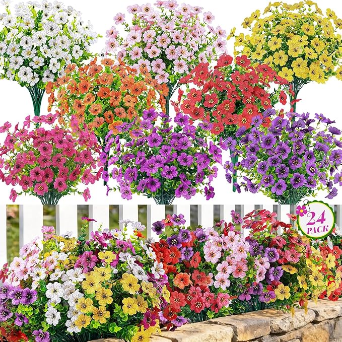 Der Rose 24 Bundles Artificial Flowers for Outdoor UV Resistant Faux Plants for Wedding Home Garden Patio Porch Spring Decor (8 Colors)