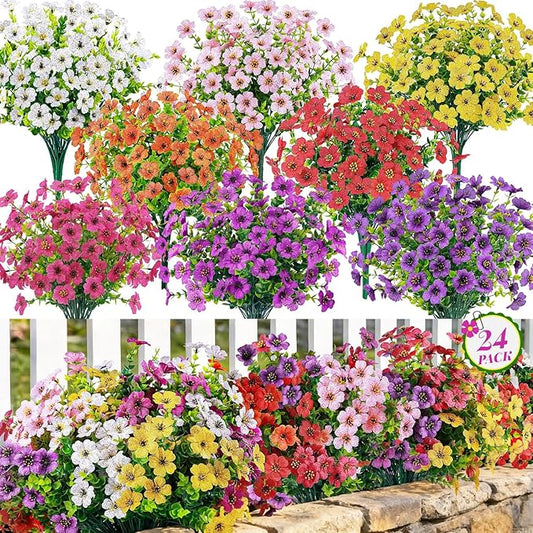 Der Rose 24 Bundles Artificial Flowers for Outdoor UV Resistant Faux Plants for Wedding Home Garden Patio Porch Spring Decor (8 Colors)